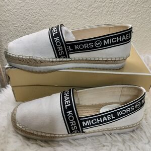 2805) Michael Kors Mathilde Logo Linen Blend Espadrille White Shoes Sz US 7.5M